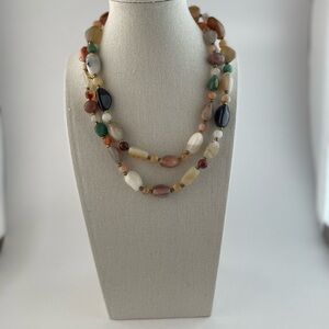 Agate Chalcedony Tumbled Polished Natural Stone Beaded Necklace Brass Spacers
